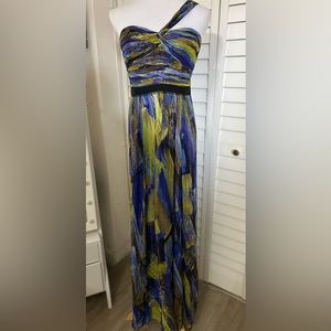 NWOT- BCBG Max Azaria long dress with one shoulder design in silk and metallic